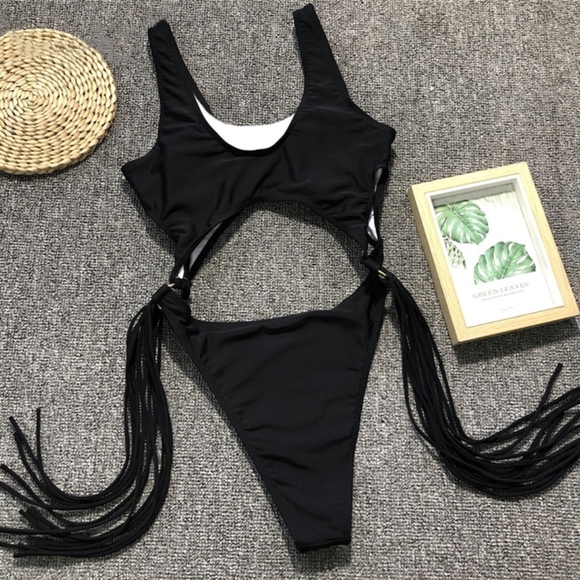 Fringe High Cut One Piece Black Bikini Swimsuit - Picture 7 of 9